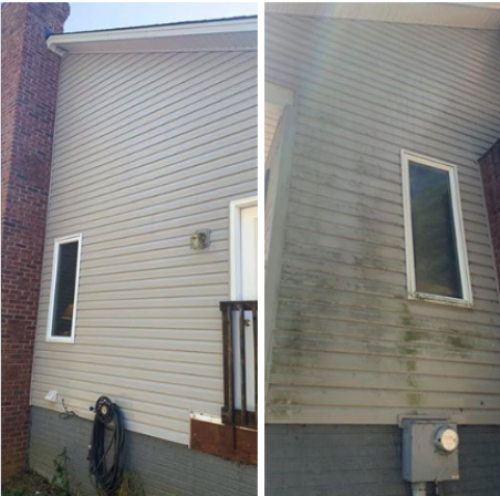 Before/after photo of soft washing method for cleaning exterior siding of home